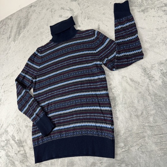 L.L Bean Women Sweater Size M Fair Isle Blue Turtleneck Cashmere Cotton Blend - Picture 3 of 8